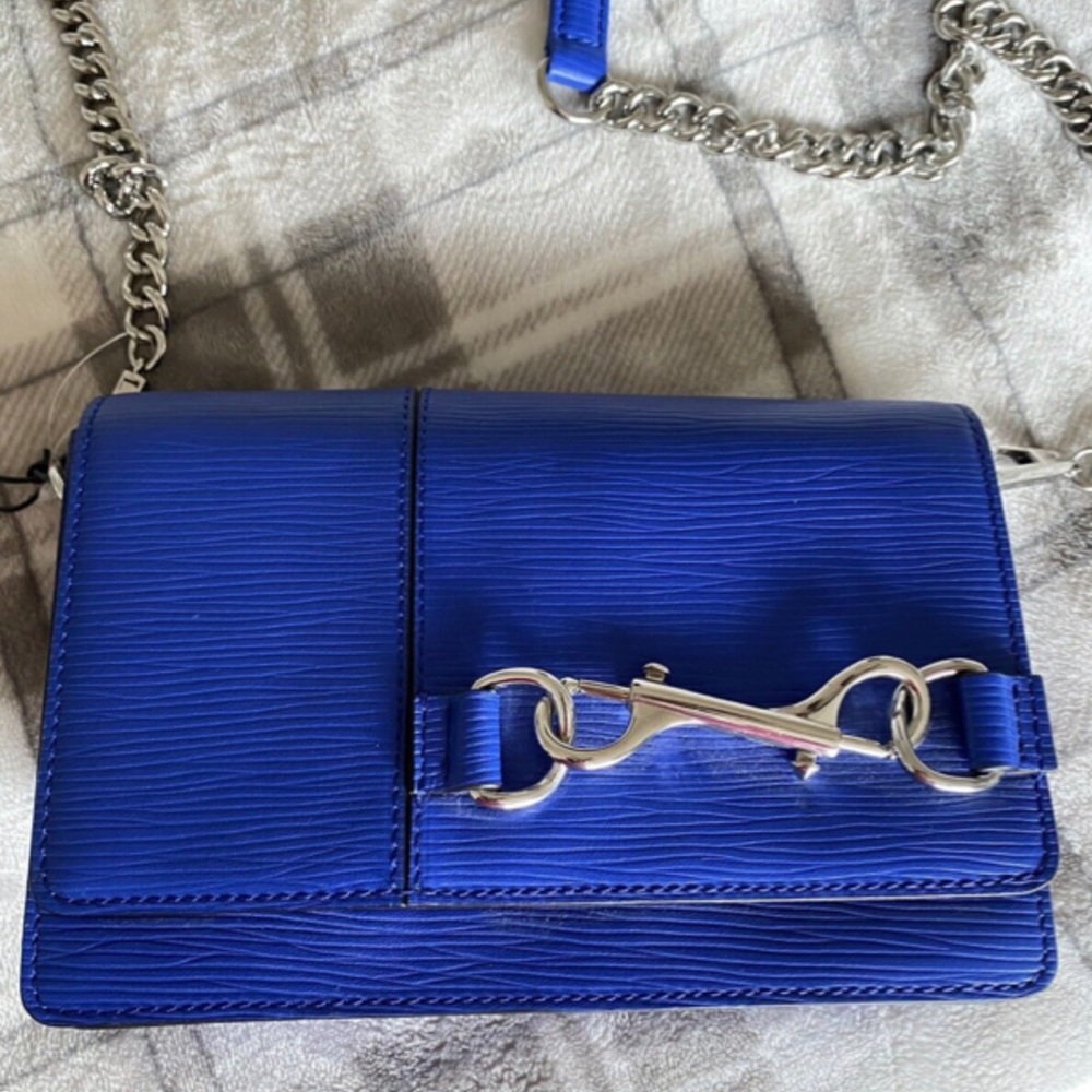 100% Genuine Leather Blue Bag Rebecca Minkoff Crossbody Handbag Chain Strap NWT